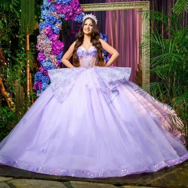 Personalizado brilhante lavanda princesa quinceanera vestidos fora do ombro vestido de baile apliques rendas cristais contas tull doce 16