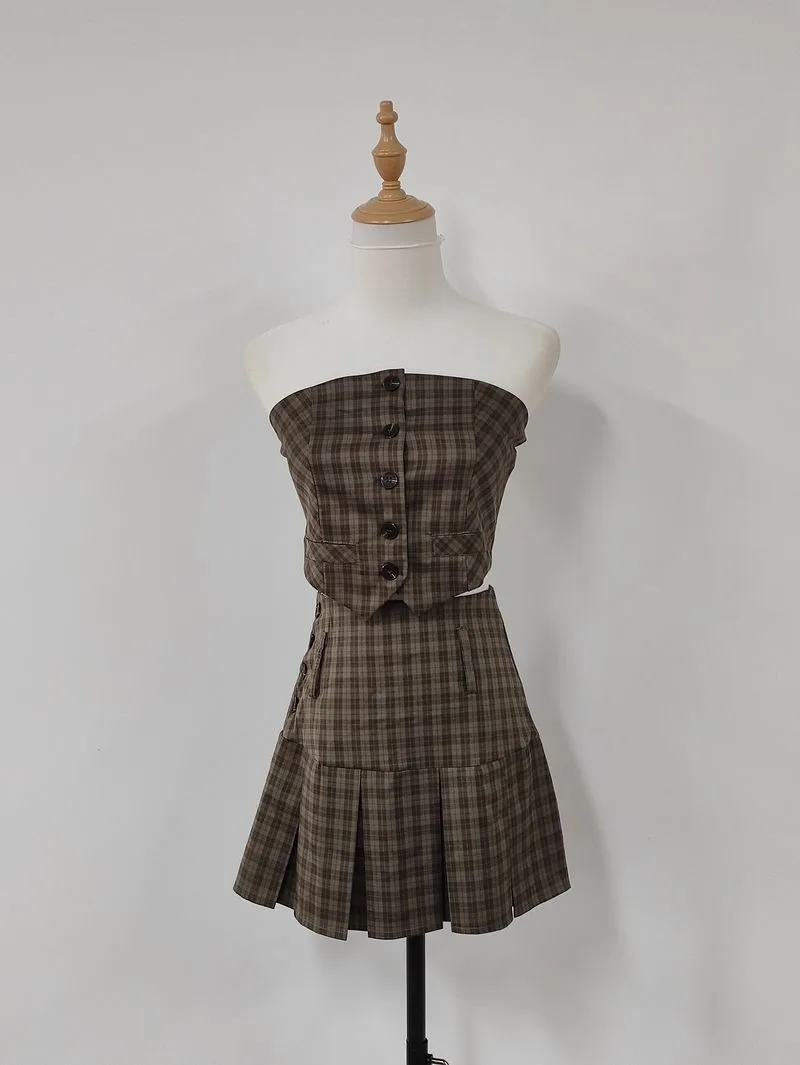 American Retro Plaid Bra Pleated Skirt Two-piece Set Women Korean Off Shoulder Spicy Girl College Sleeveless Slim Summer Suit
