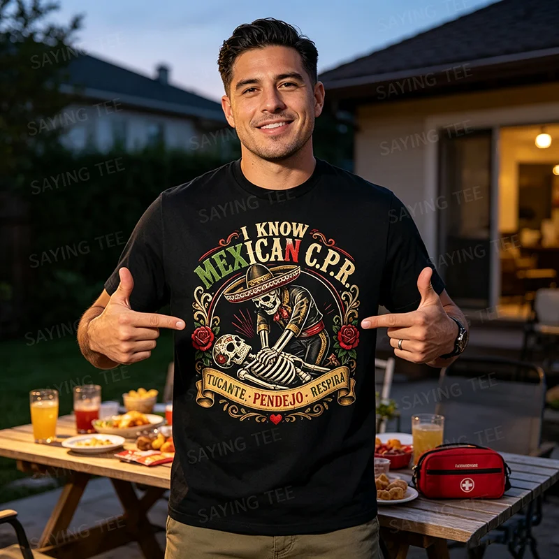 Ich kenne mexikanisches CPR Calmate Pendejo Respira T-Shirt Y2k Gothic Lustiger mexikanischer Humor Sugar Skull Skelett T-Shirt Halloween Kostüm T-Shirt – Detail 5