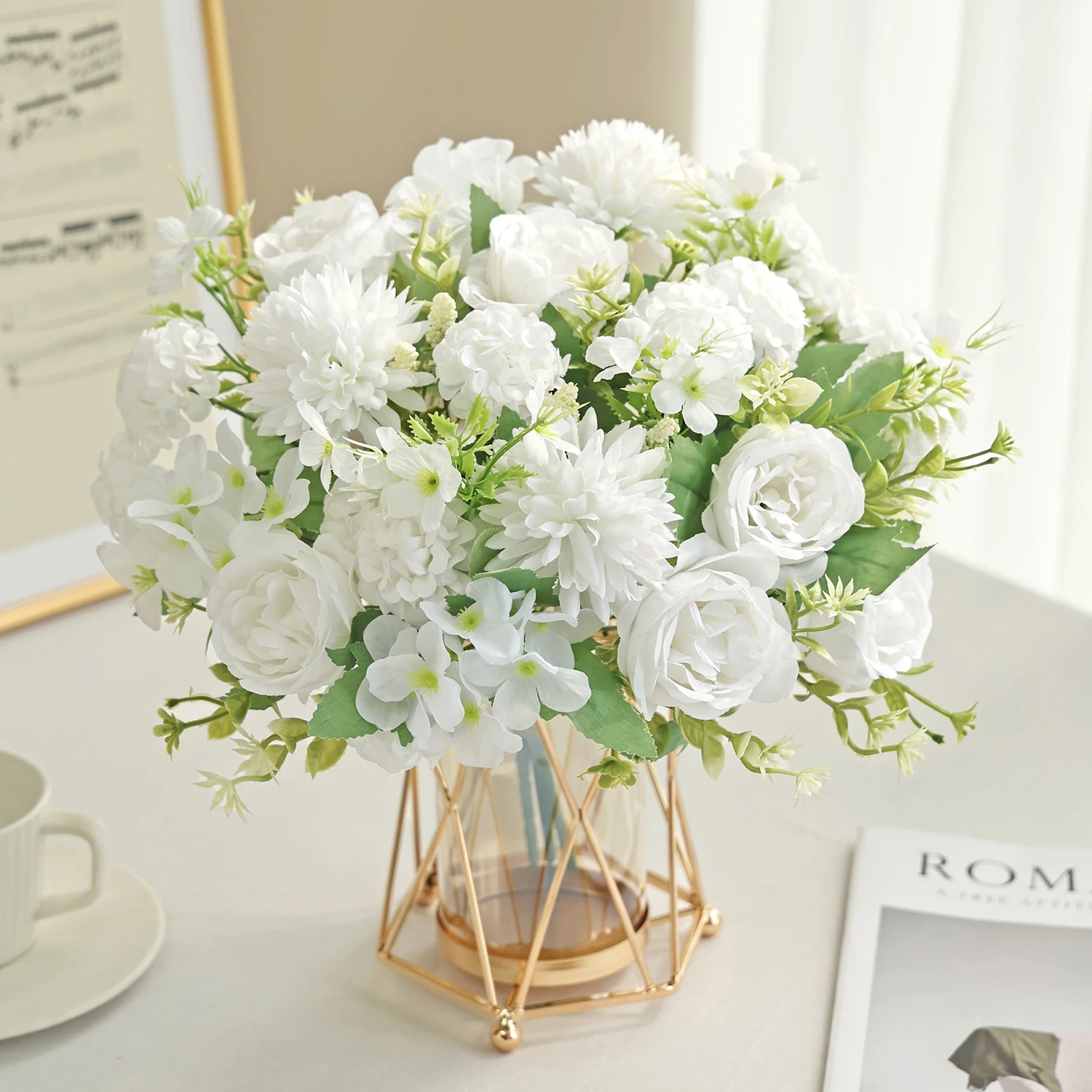Künstliche Blumen Seiden-Hortensien Rosen für Zuhause Tisch-Vase Dekoration Festliche Kränze Hochzeitssträuße Party-Geschenke Accessoires