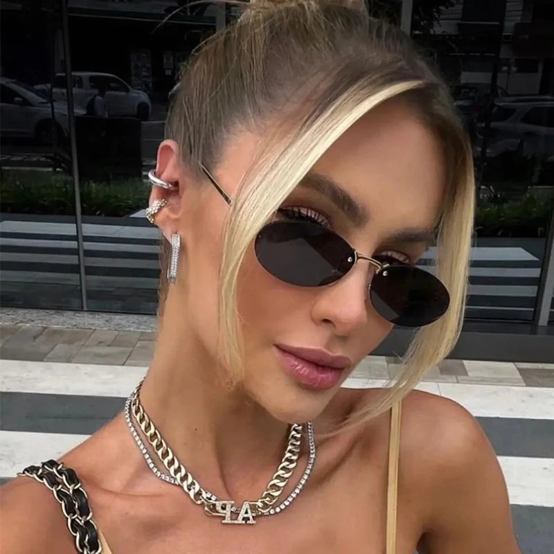 Rimless Oval Women\'s Sunglasses New Retro metal frame small Cat Eye Sun Glasses Men Shades Punk Driving Eyewear Glasses Female