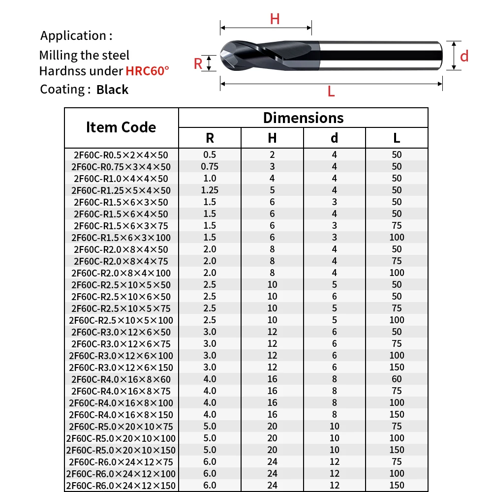 Augusttools HRC60 Carbide Ball Nose End Mill 2 Flutes Tungsten Steel Milling Cutter Alloy Coating Endmills CNC Cutting Tools