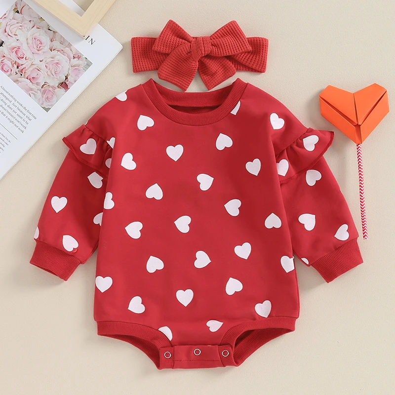 2023-10-20 Lioraitiin 0-18M Baby Girl Valentine's Day Outfits Ruffle Long Sleeve Heart Print Romper+Headband Set Infant Clothes