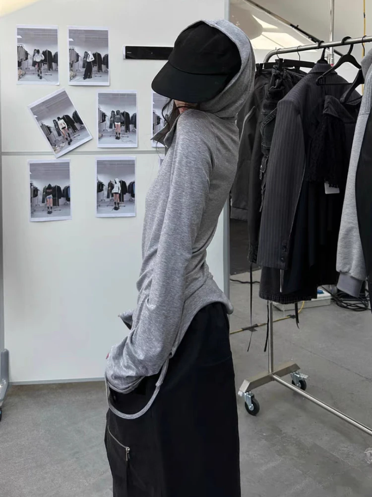 Y2K Aesthetic Hole Hooded Women T Shirt Harajuku Gothic Punk Vintage Button Spring Tops Streetwear Grunge Slim Fit Fairy Tees