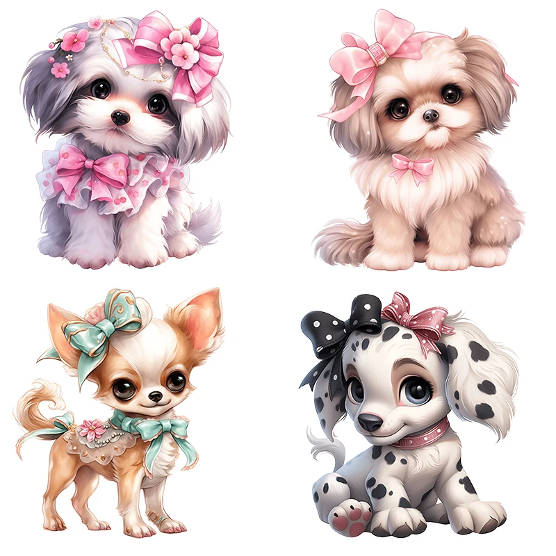 4pcs Cute little dog sister Iron on transfer for Children clothing rainbow dtf transfers ready to press Heat Transfer Printing