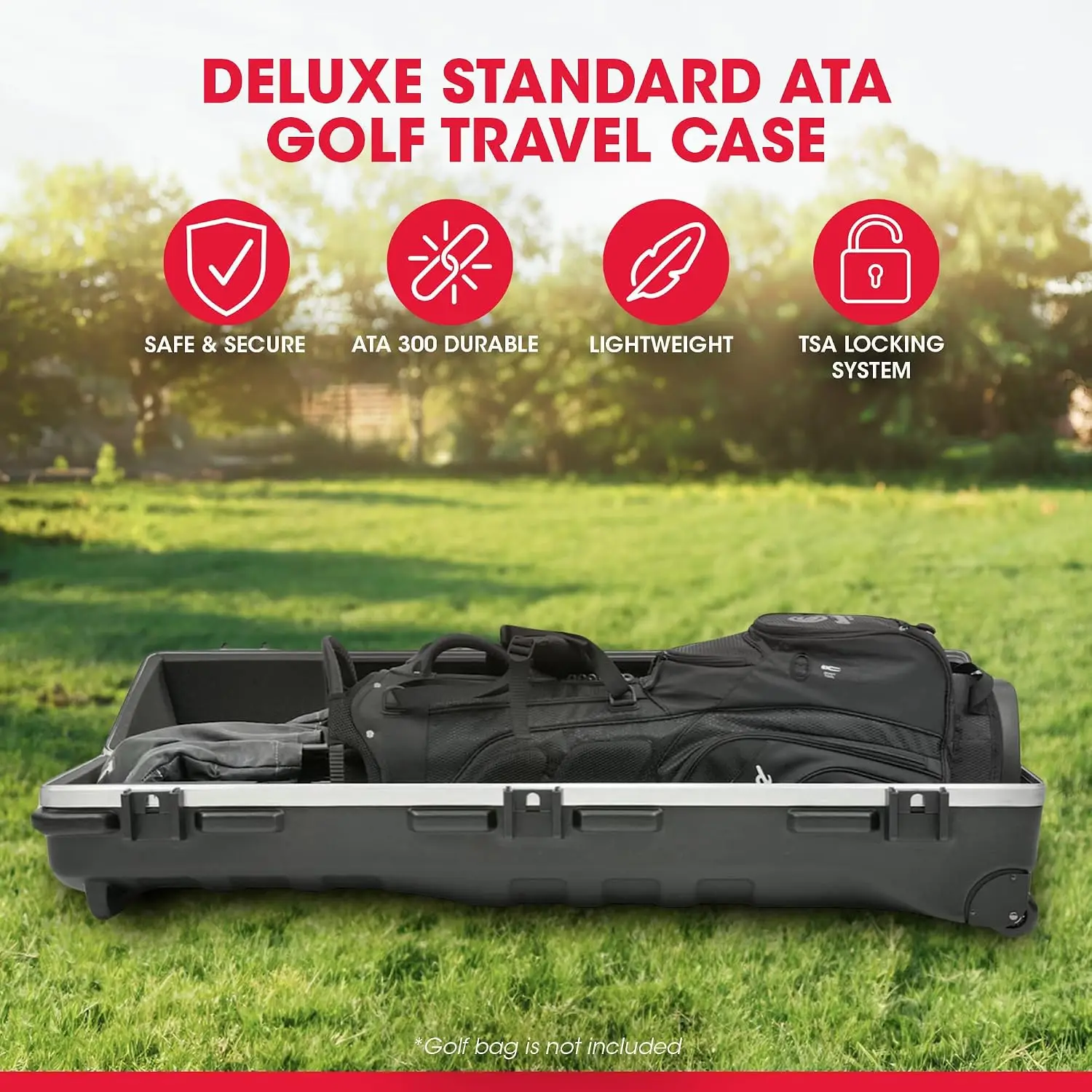Hard-Shell Plastic Golf Travel Case for Cart Bags with 2 Wheels, Heavy-Duty Rolling Club and Driver Carrier, ATA Airline Transport, Impact-Resistant with TSA Locking Latches