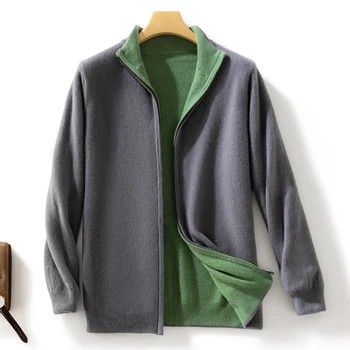 Autunno inverno nuovo cappotto in Cashmere addensato da uomo davanti e dietro in piedi Cardigan con cerniera 100% lana Merion giacca lavorata a maglia Top