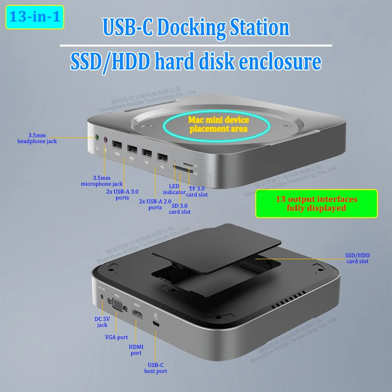 Estação de encaixe HUB USB-C HDMI 4K USB 3.0 VGA SD TF leitor de cartões SSD/HDD de 2,5 polegadas caixa de disco rígido para Apple Mac mini M1/M2