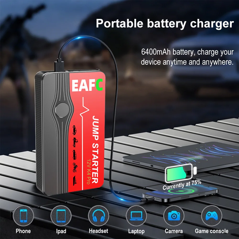 EAFC 600A Tragbares Auto-Starthilfegerät und Powerbank, 12V Notfall-Batterie-Booster und Starthilfegerät, Fahrzeugstartgerät für Benzin- und Dieselautos zur Notstartfunktion
