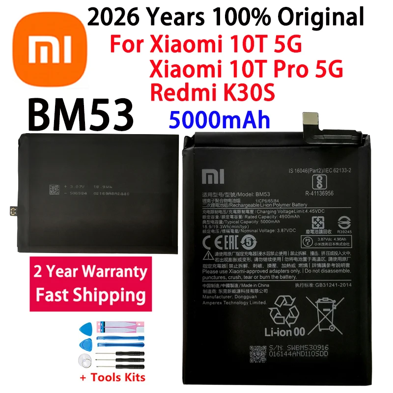 

2026 Years 100% Origina Replacement Battery BM53 For Xiaomi 10T 10T Pro Mi 10T 5000mAh BM53 Batteries Bateria+Fast Shipping