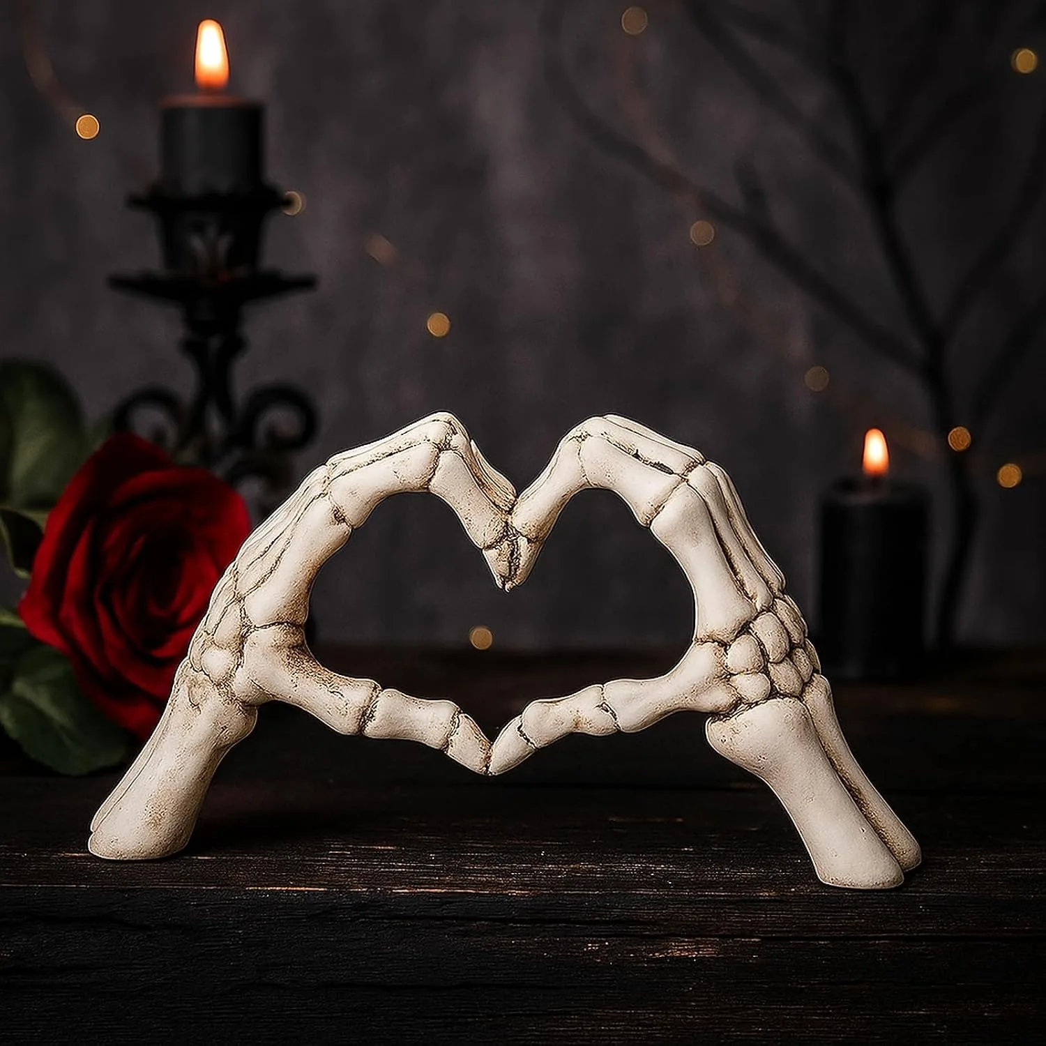 Gothic Skeleton Heart Hands Sculpture Unique Until Death Bone Heart Love Sign Gothic Halloween Gift, Shelf Desktop Ornament