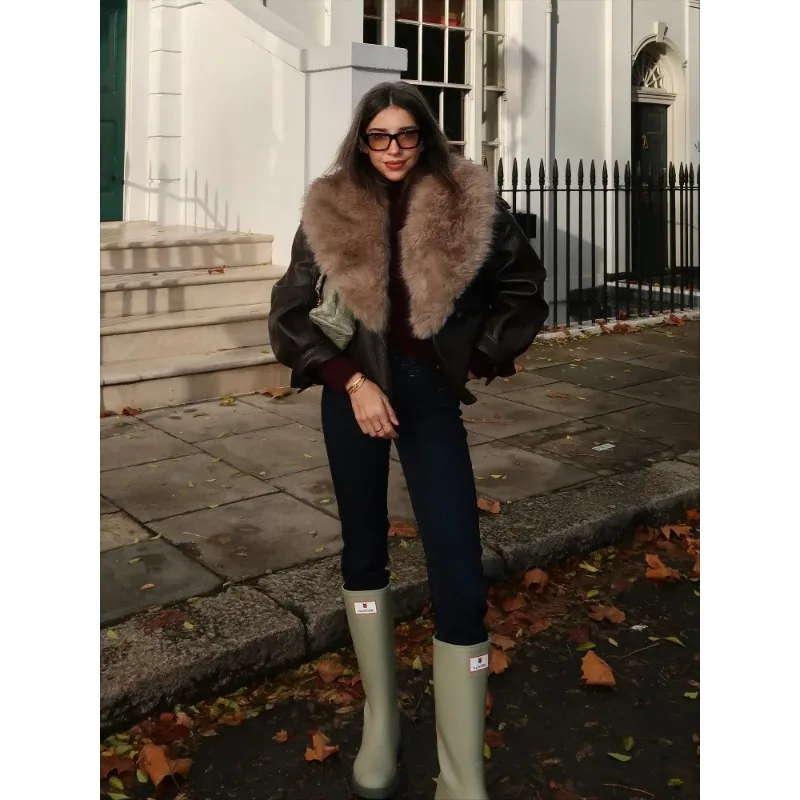 Retro Fur Collar Leather Jacket Women Detachable Lapel Thick Full Sleeve Double Breast Bomber Coat Winter Street Outerwear