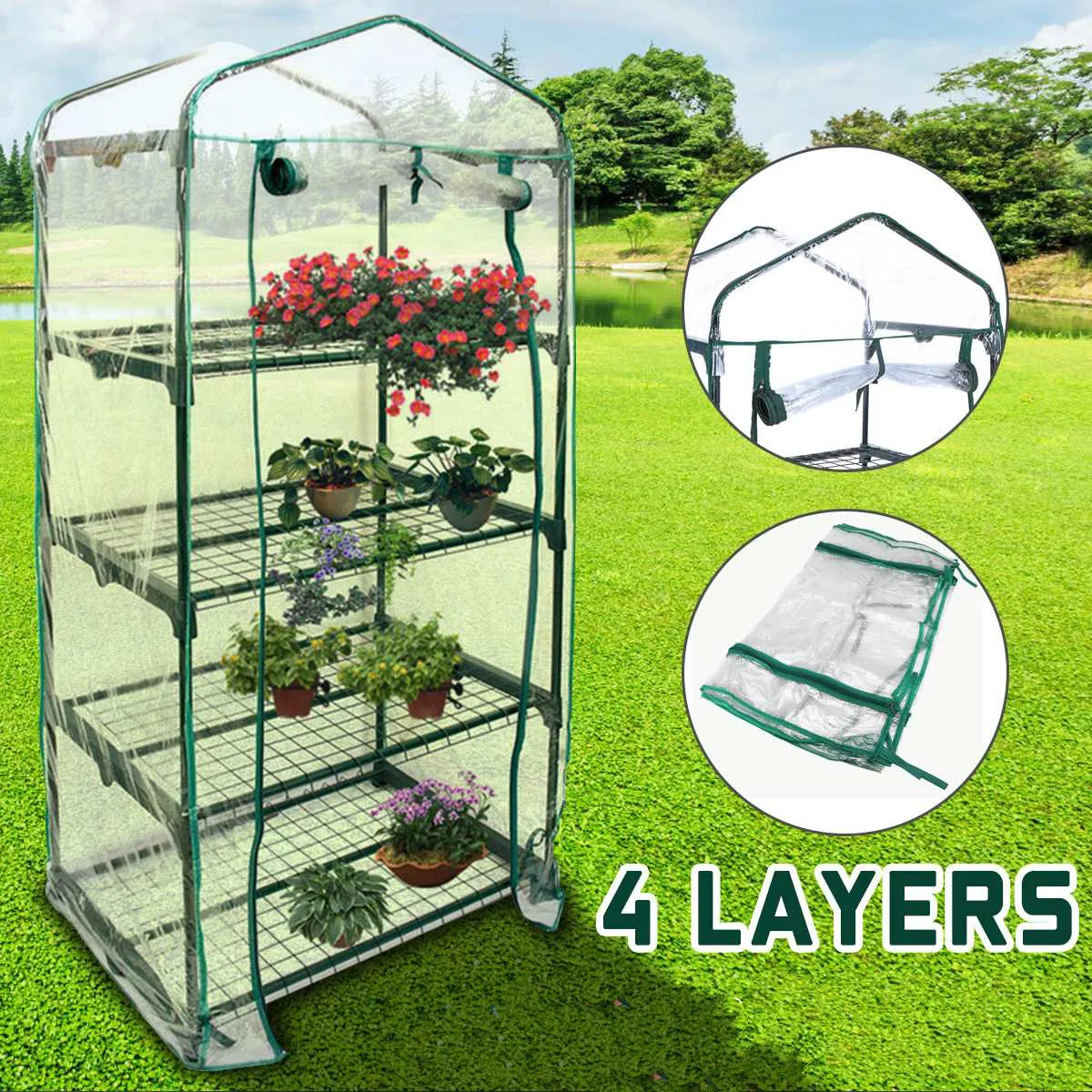 

155x69x49CM 4 Tier Greenhouse Cover Replacement Mini Garden Plants Warm Room PVC Cover Anti-UV Windproof Cover w/o Frame