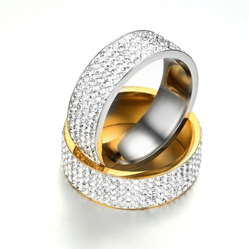 8mm Wide Five Rows Hip Hop Ring Full Rhinestone Shiny Rings Stainless Steel Gold Silver Color Ring for Women Men Jewelry