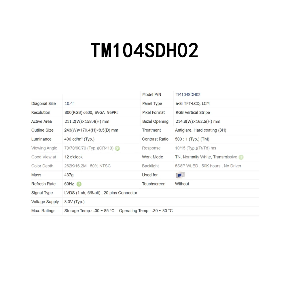Fully Teste 10.4" 800*600 TM104SDH02 Highly clear LCD control display module panel