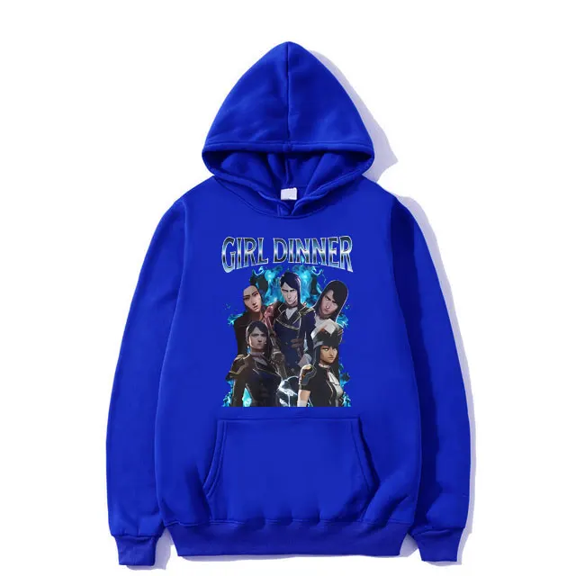 Anime Caitlyn Arcane Girl Dinner Graphic Hoodie Men's Otaku Game Fan Sweatshirts Male Casual Fleece Cotton Oversized Tracksuit