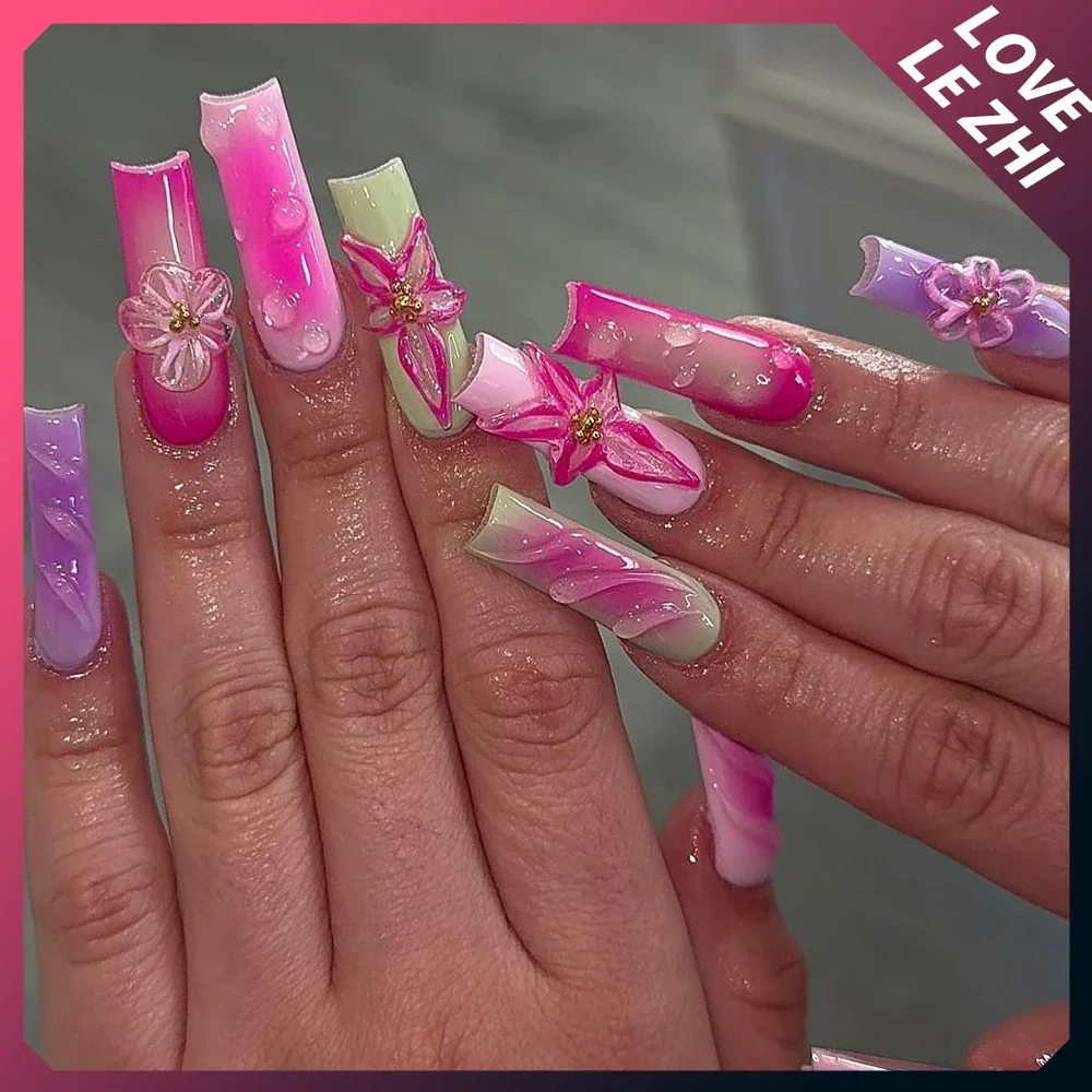 3D French Lilies Flower Gel Nails Art Handmade Almond Squares Coffin High-End Fainting Gradient Fake Nails Women Birthday Gift