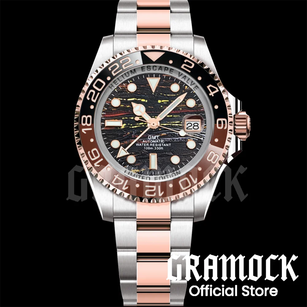 Gramock 43mm Rose Gold GMT Watch For Men Iron Tiger Eye Texture Men's NH34 Mechanical Watch Sapphire Glass Stainless Steel Strap