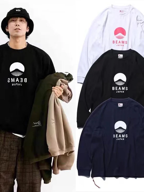 

BEAMS Classic Fuji Mountain Printed Long Sleeve T-shirt Men's Round Neck Trendy Brand Loose Cotton Hooded Bottom Top