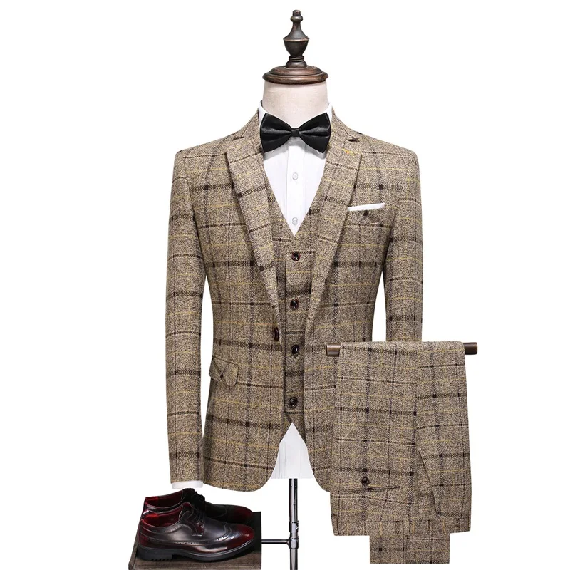 Men's Minimalist Suit Three Piece Set British Plaid Casual Set Button Pocket Slim Fit Groom's Wedding Banquet Party