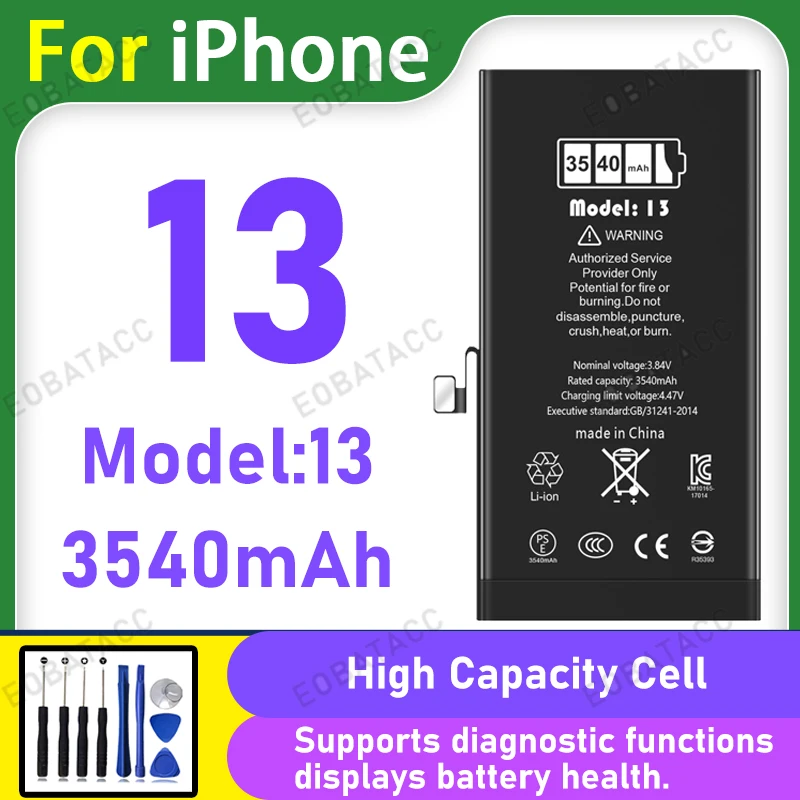 Batería de diagnóstico 3540mAh con visualización de número de pieza genuino sin mensaje emergente para iPhone 13 Repuesto de alta calidad + herramientas gratis