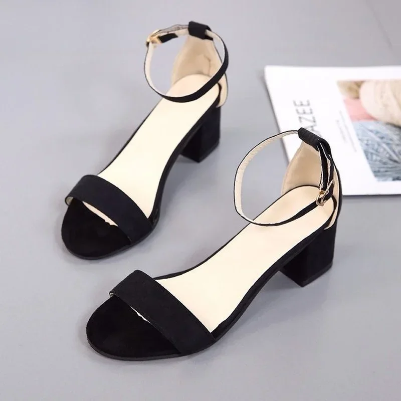 Maogu Summer Suede Black Student Sandals Rome Footwear Elegant Woman Heels Women's Casual Shoes Pink 5.5CM High Heel 2024 Trend