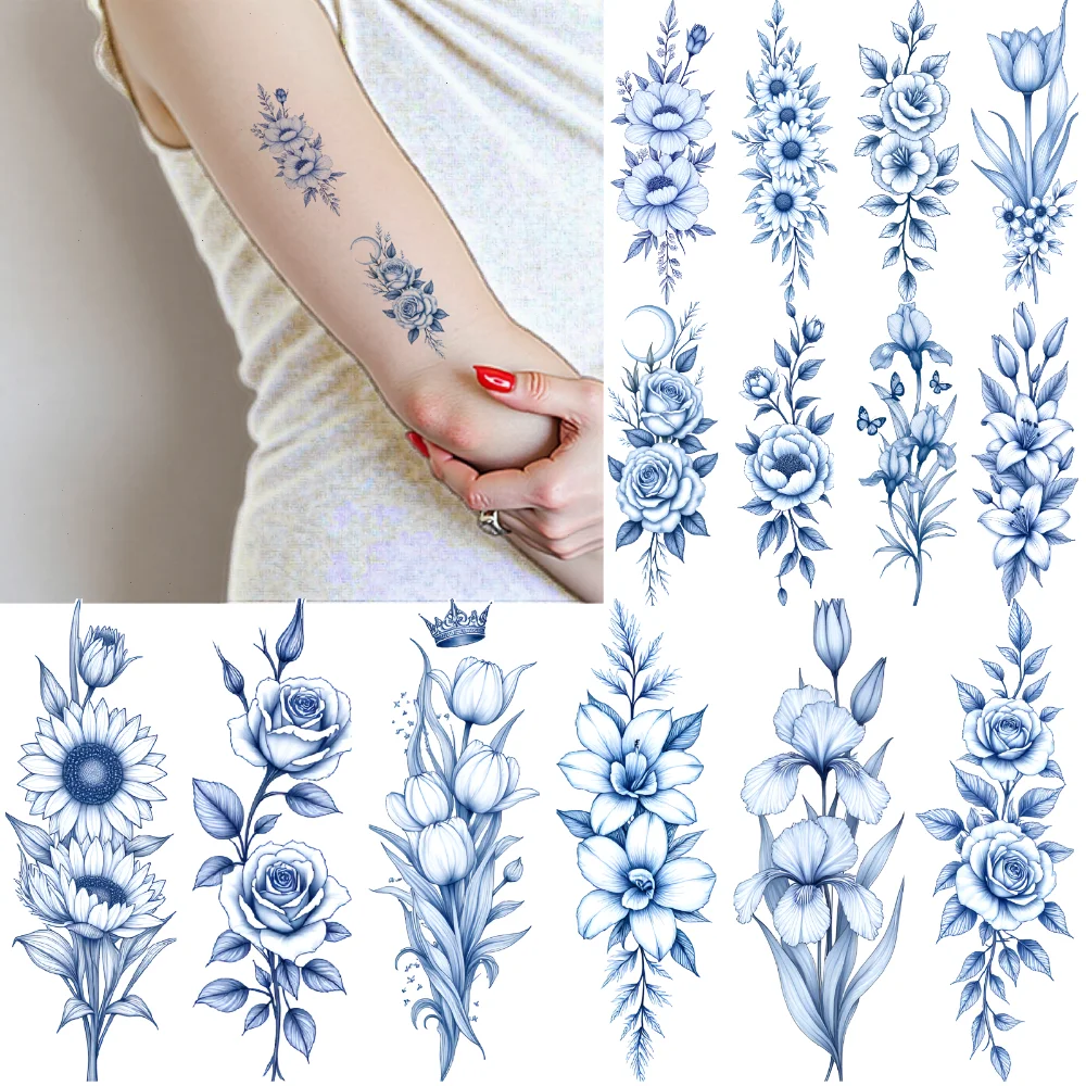 

9pcs Temporary Tattoo Botanical Designs Blue Line Floral Tattoos Waterproof Long-lasting Body Stickers For Arms Shoulders