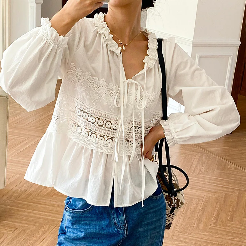 

French Lace Hollow Out Blouse Shirt Women 100% Cotton Spring Autumn V-neck Long Lantern Sleeve Vocation Sexy Casual Ladies Top