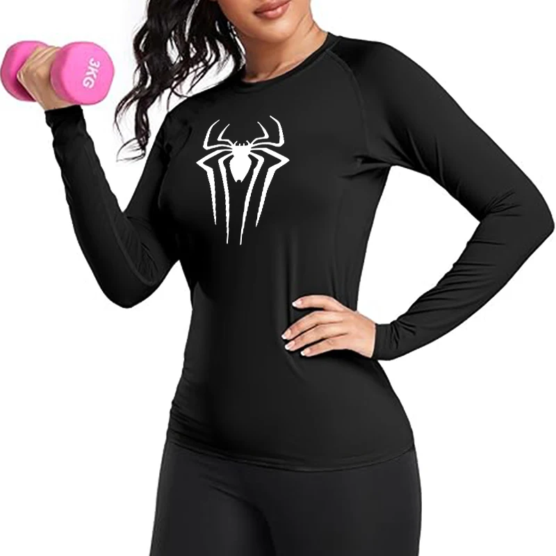 Spider Print Long Sleeve Compression Shirt for Women Athletic Yoga Running T-Shirt Spring Fall Gym Workout Fitness Baselayers