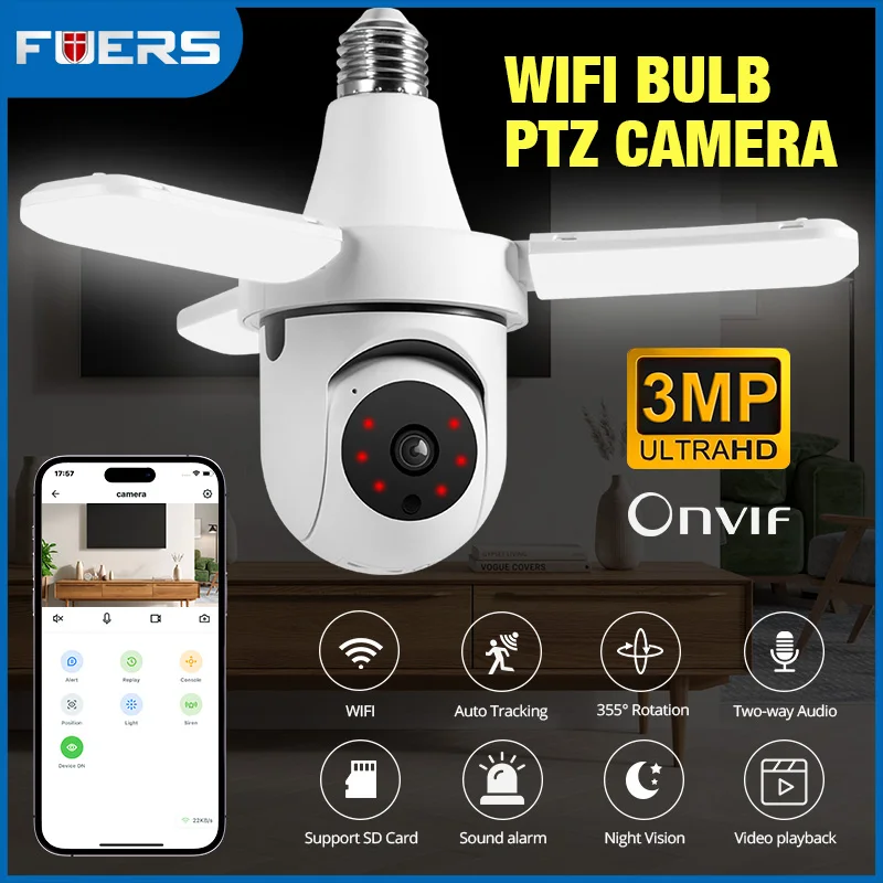 

FUERS E27 Лампа Внутренняя камера Безопасность Крытый монитор Беспроводной Wi-Fi 2,4 ГГц Автоматическое отслеживание человека Прожектор Камера наблюдения