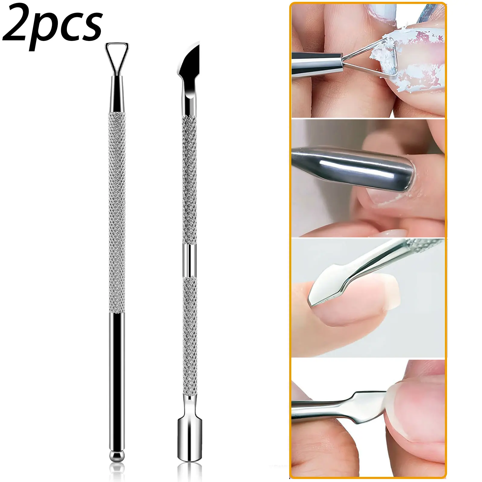 ที่ดันหนังกำพร้าและที่ขูดหนังกำพร้าสแตนเลสสีเงิน 1/2 ชิ้น ที่ตัดแต่งเล็บ ที่ลอกยาทาเล็บ อุปกรณ์ทำความสะอาดสำหรับทำเล็บมือและเล็บเท้า