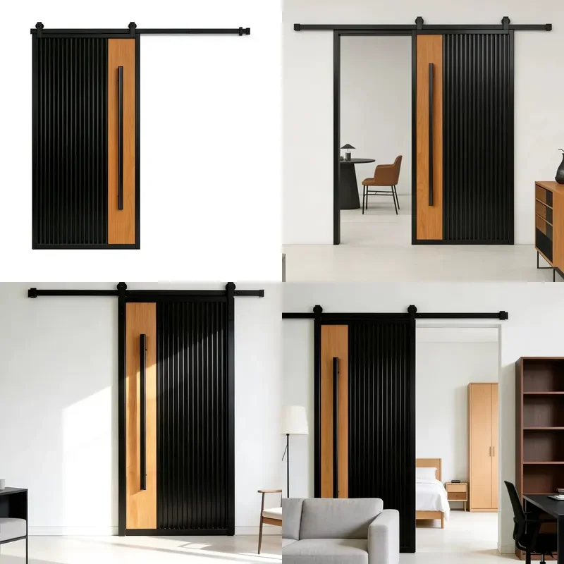 Retro Industrial Wrought Iron Barn Door Hardware Kit Sliding Track Pulley System for Kitchen Bathroom Closet Interior Wood