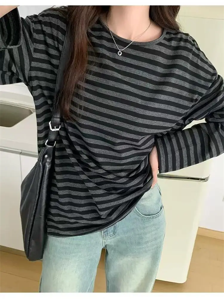 تي شيرت نسائي Y2K Harajuku مخطط بأكمام طويلة تي شيرت فضفاض كبير الحجم ملابس غير رسمية أسود ورمادي للخريف برقبة دائرية فام