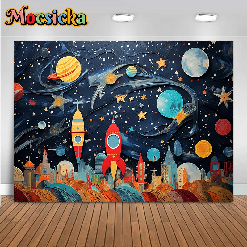 Universe Space Rocket Background Photography Cartoon Spaceship Mars Children Shower Boy Happy Birthday Wallpaper Decor Backdrop