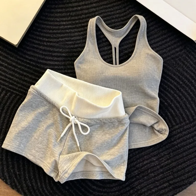 Women's Solid Halter Tank Top Shorts Set Vintage Casual Women‘s Pajama Drawstring 2‑Piece Soft Homewear Loungewear For Ladies