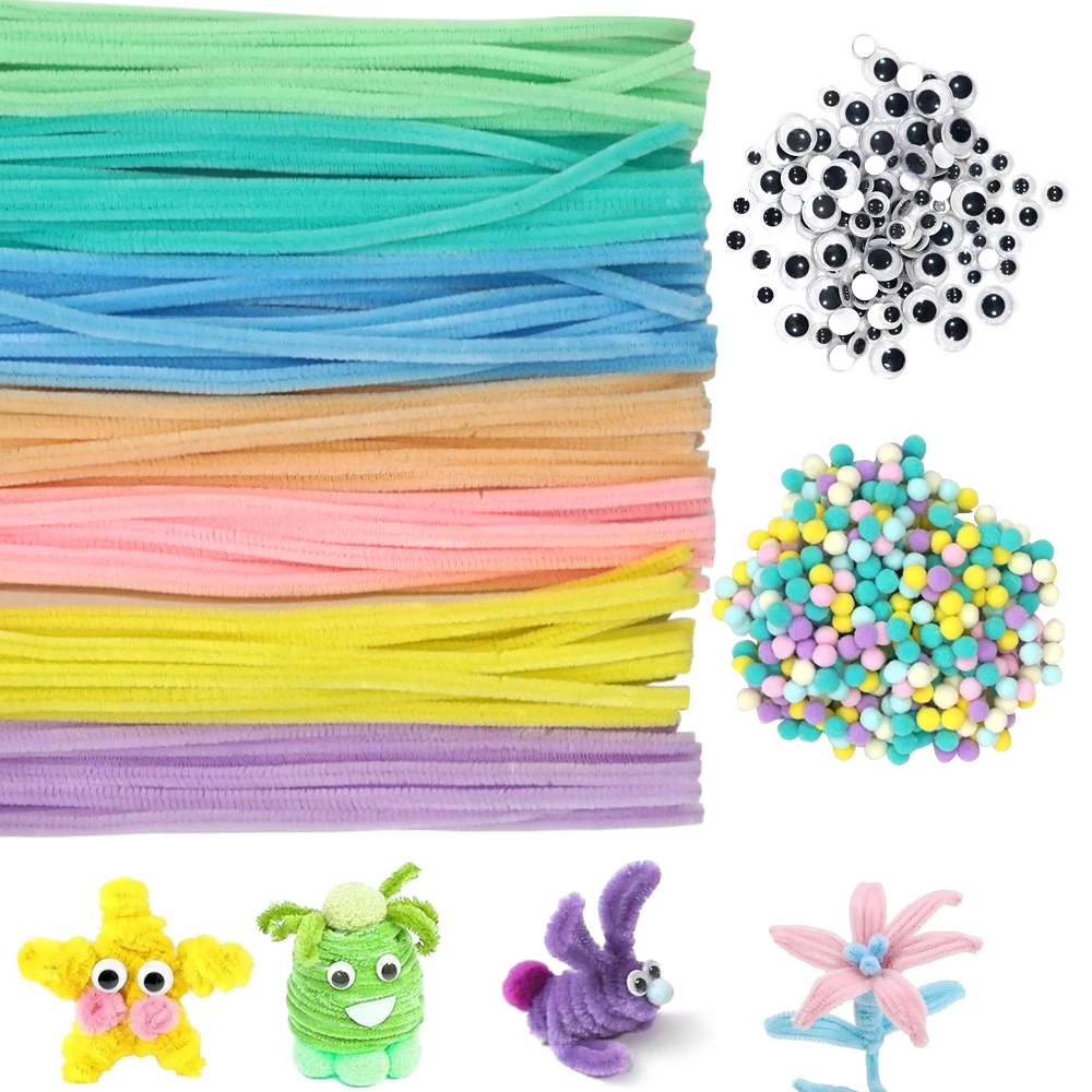 200Pcs Craft Supply Set, Which Includes 100Pcs Pipe Cleaners Chenille Stem, 50Pcs Wiggle Googly Eyes and 50Pcs Pompoms