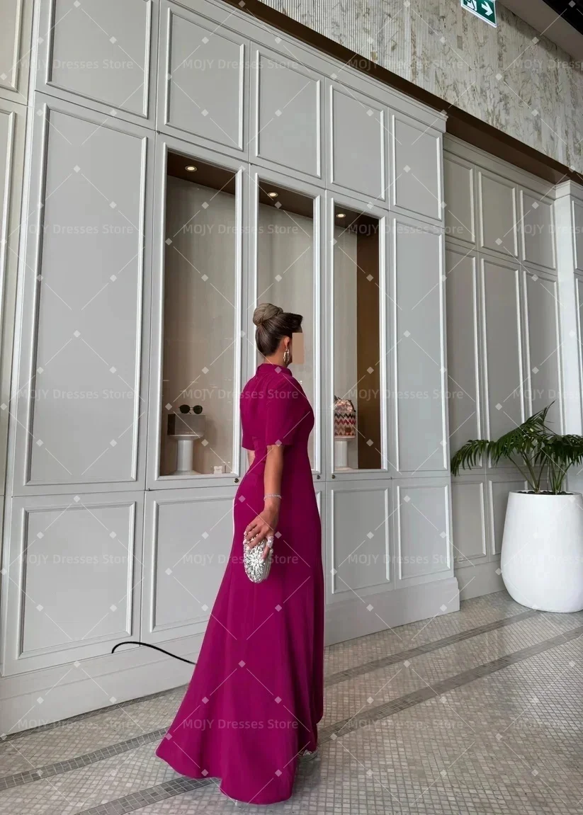Mojy Customized Formal Evening Dress High Neck Half Sleeves Semi-Mermaid Dinner Banquet Gown Women Fuchsia Wedding Guest Dress
