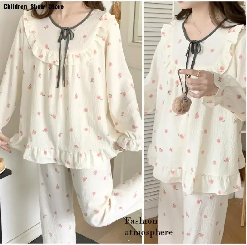 Pijama amarelo claro com calças femininas, doce, gola com babados, calças, terno de algodão estampado, pijama despeje femme, roupa de dormir solta