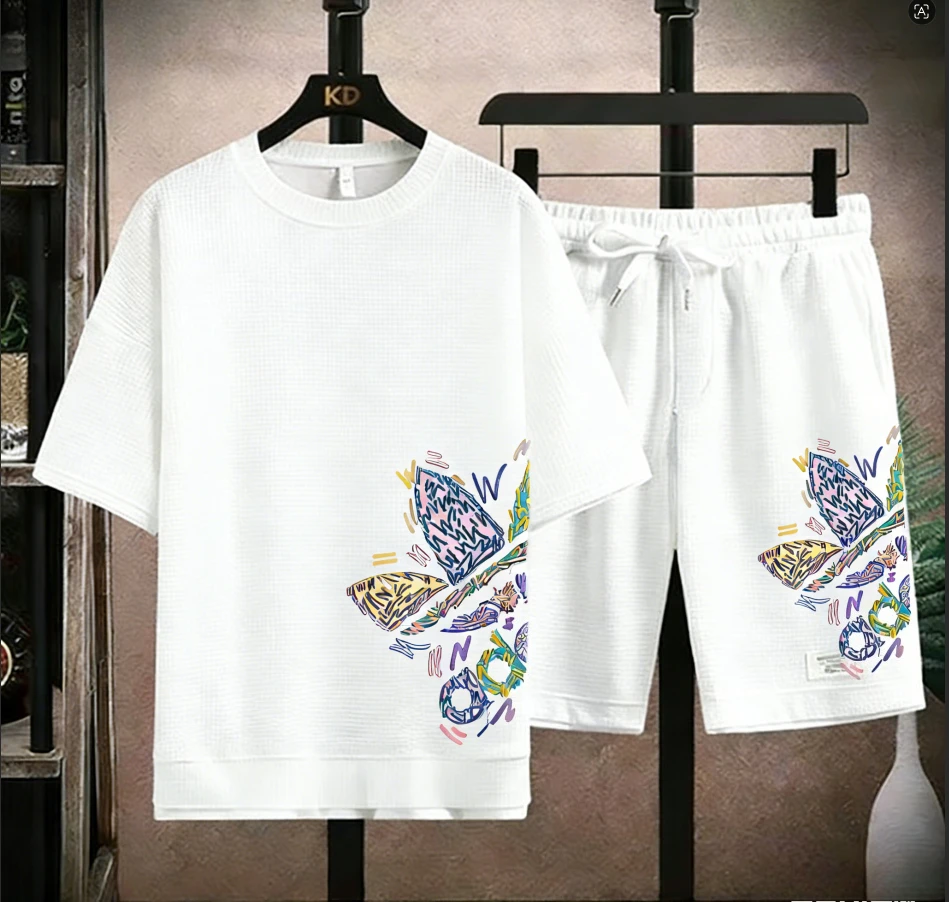 

2026 New Men's Colorful Butterfly Print 2 Piece Outfit Waffle Knit T-shirt + Shorts Set Casual Streetwear Summer Tracksuit Black