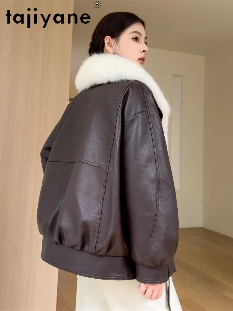 TAJIYANE سترة جلدية من جلد الغنم امرأة الثعلب الفراء طوق أوزة أسفل معاطف قصيرة سترات من الجلد الحقيقي 2025 ملابس الشتاء النساء long cokт #5