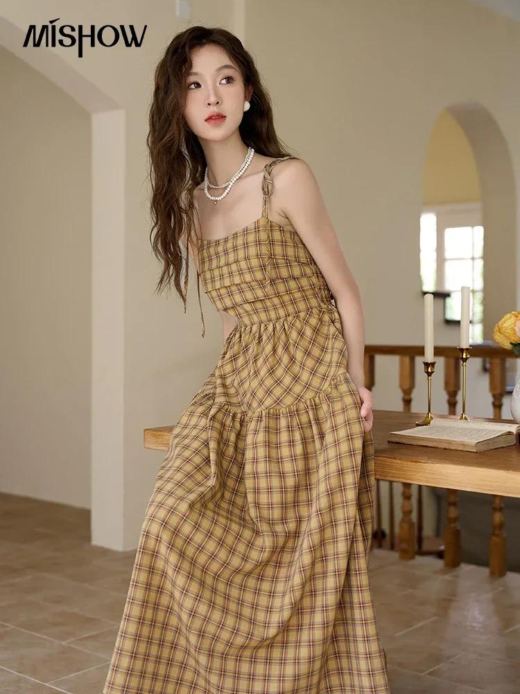 

MISHOW Women's Vintage Plaid Strap Dress Summer French A-LINE Square Collar Sleeveless Female Camisole Dresses MXC34L1299