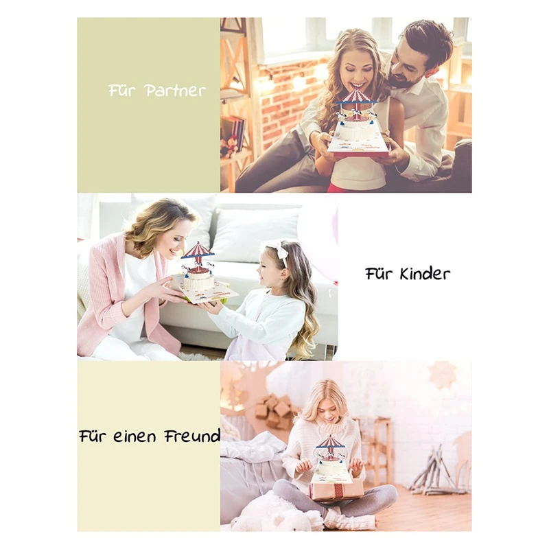 Carte d'anniversaire Top-3D avec la conception de conception de gâteau de carrousel, cartes d'anniversaire avec enveloppe pour la famille, amis, enfants, femmes