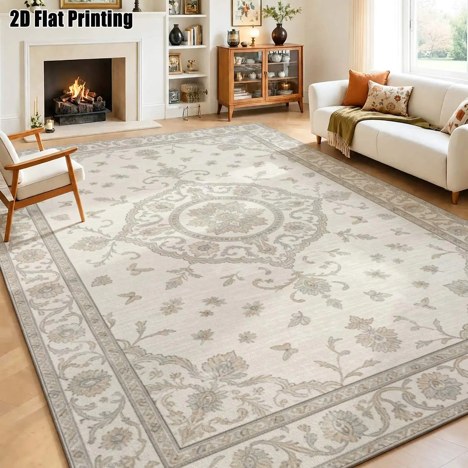 1Pc 2D Printed Carpet, Beige Floral Retro Pattern European-Style, Bohemian, Simple Geometric, Home Decor Carpet/Mats, Multi-Size, Machine Washable, for Entrance, Living Room, Bedroom, Dining Room, Foyer