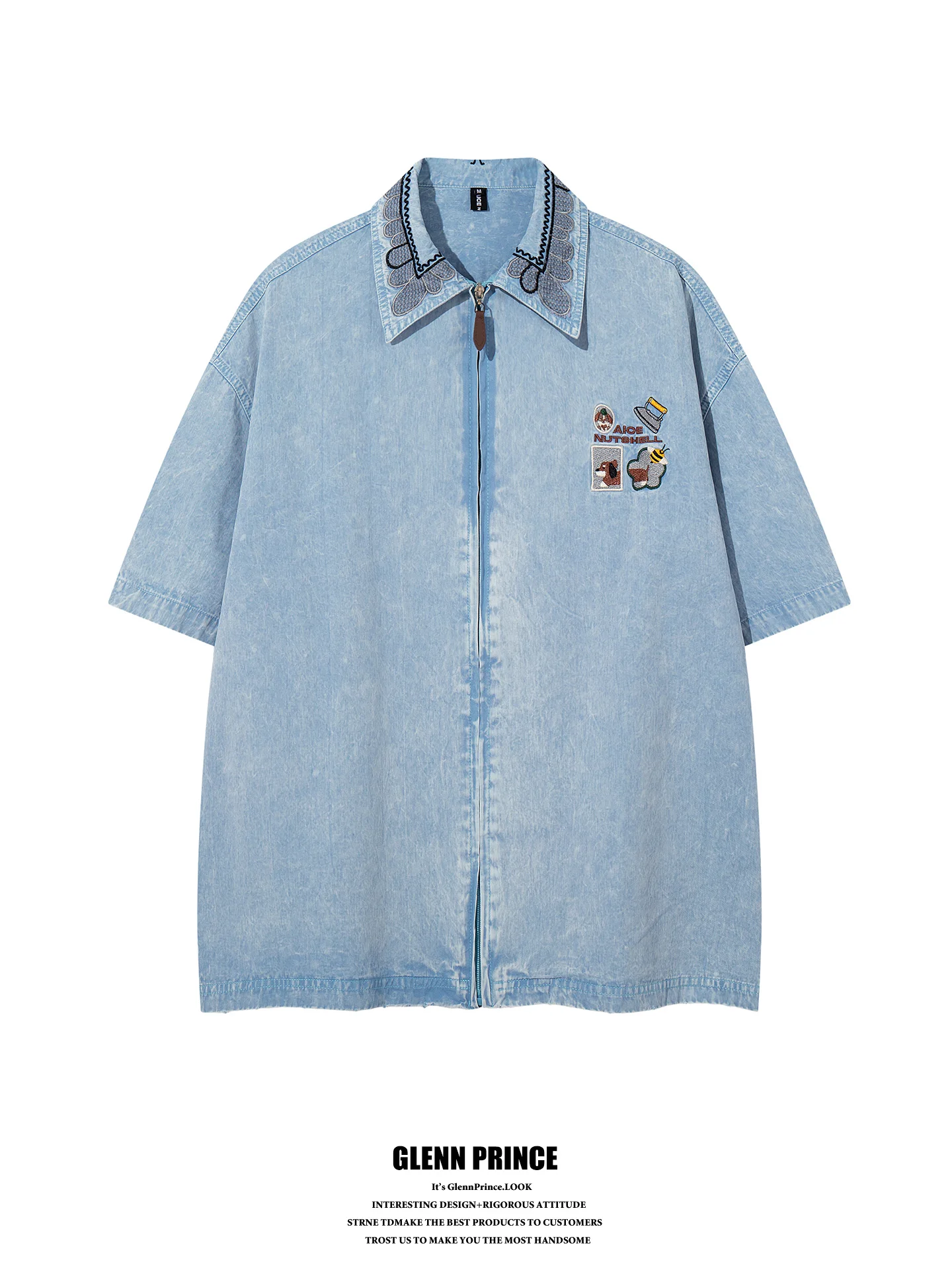 

GPstudio Japanese Retro Cartoon Embroidery Washed Denim Short Sleeve Men's Chic Loose Youthful Shirt Cotton Breathable Summer...
