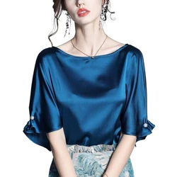 European Fashion luxury acetate Satin half sleeve shirt office lady elegant Original design pearl brooch ice silk tops blouse