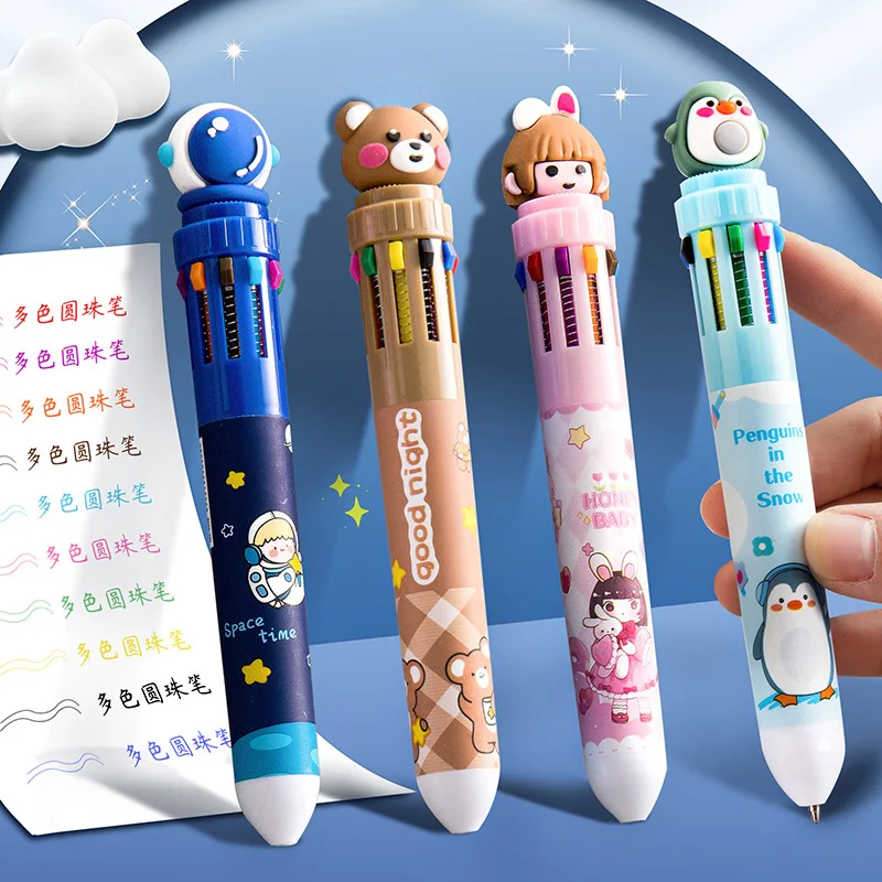 10-Color Ballpoint Pen Multifunctional Blue Black Red Pink Orange Yellow Green Blue Purple Brown Marker Pen Cartoon