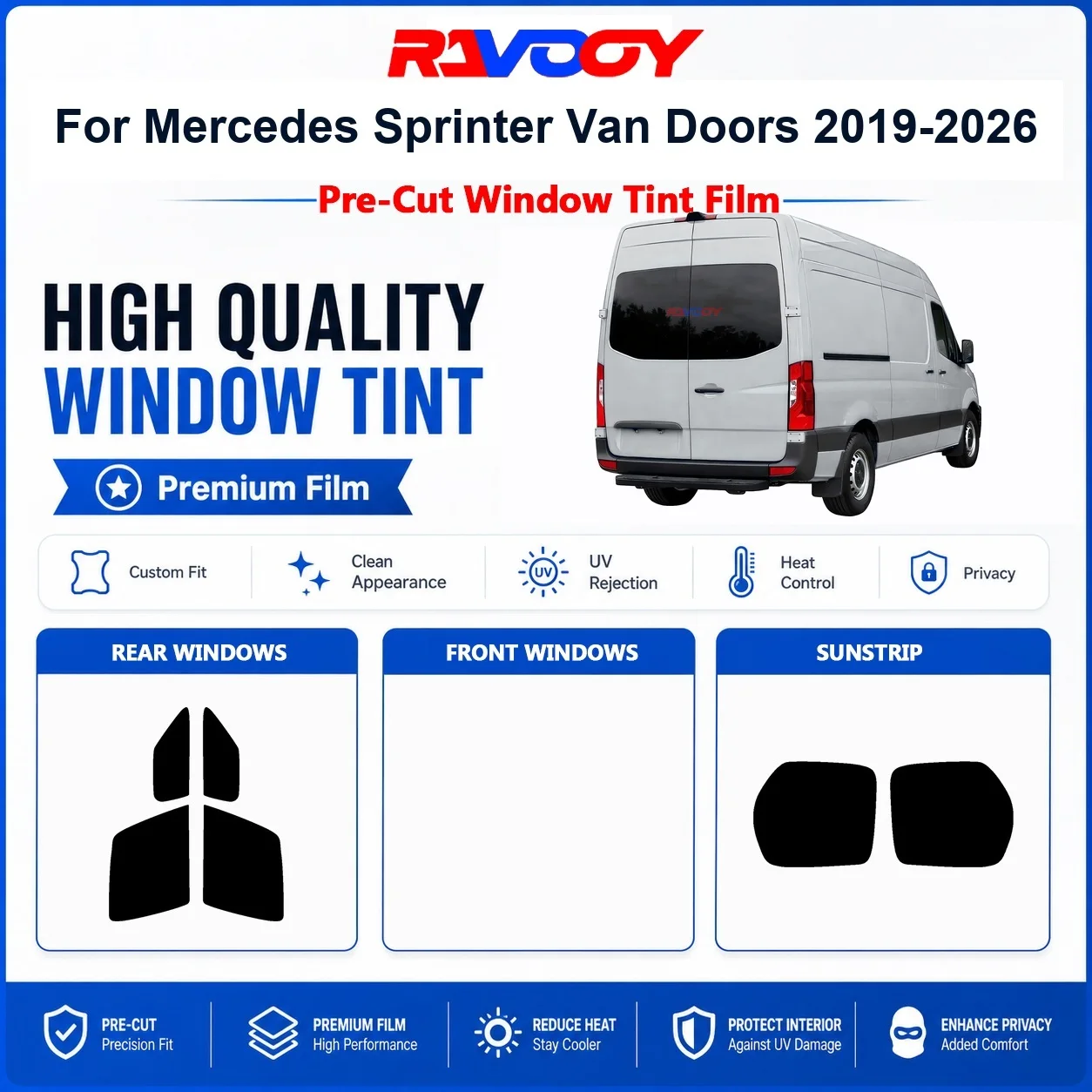 Premium Pre-Cut Window Tint For Mercedes Sprinter Van Doors 2019-2026 Front & Rear Windows UV Heat Rejection Privacy Film