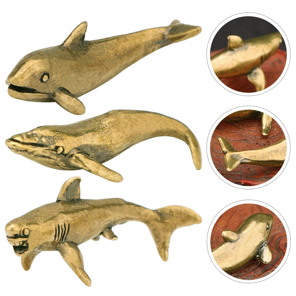 3Pcs Brass Whale Shark Dolphin Sculpture Retro Ocean Animal Ornament Home Office Desktop Living Room Decorative Art