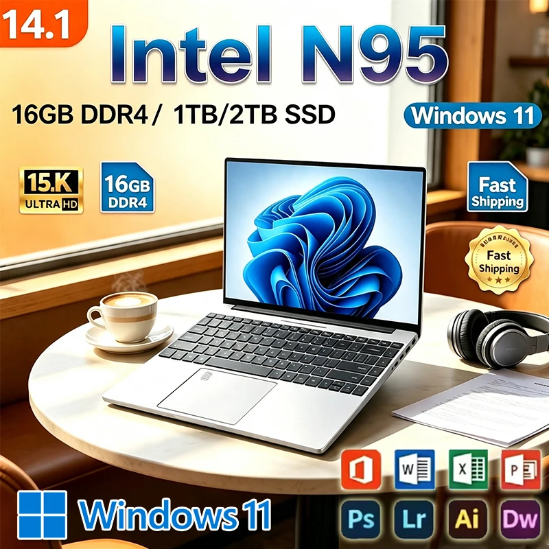 Nuevo Portátil Ultrafino de 14.1 Pulgadas 2026, Intel N95, Win11, DDR4, SSD de 2TB, Portátil Delgado para Negocios, Oficina, Estudiantes, 16GB/32GB RAM