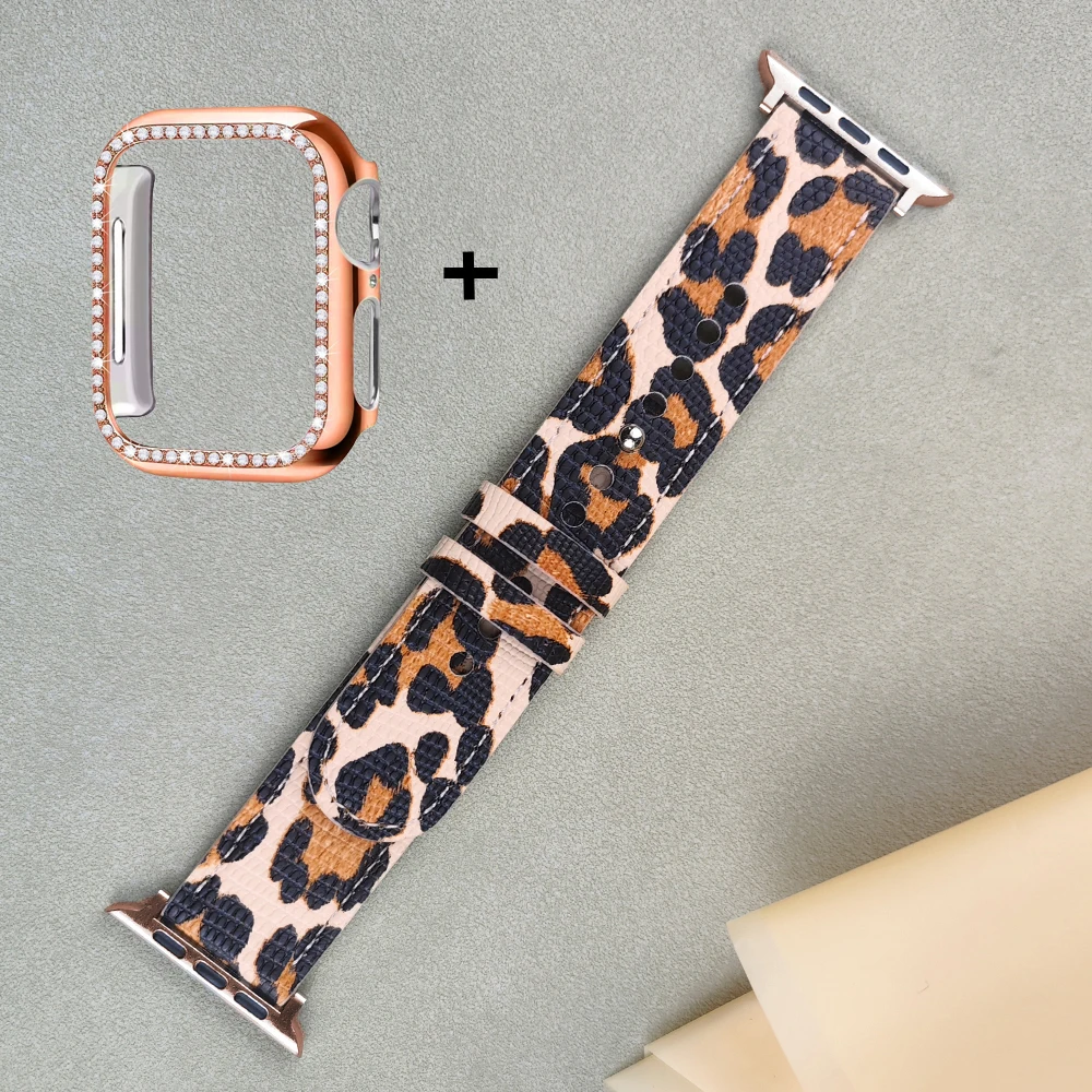 2pcs For apple watch 41mm 40mm 44mm 45mm band Leopard print leather strap + bling PC case iwatch ultra2 49mm se 9 8 7 6 5 4 band